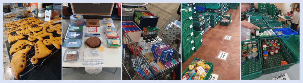 Photo collage of images relating to BPI volunteering days at a foodbank
